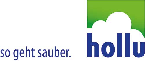 Logo der hollu Systemhygiene GmbH. Im linken Bildteil ist auf weißem Hintergrund in blauer Schrift 