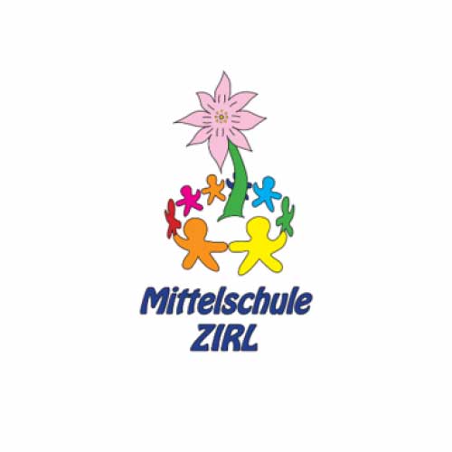 Logo MS Zirl. Auf weißem Hintergrund ist im Zentrum ein Blume zu sehen, um der Menschen in einem Kreis stehen und sich an den Händen halten. Darunter ist die Schrift 